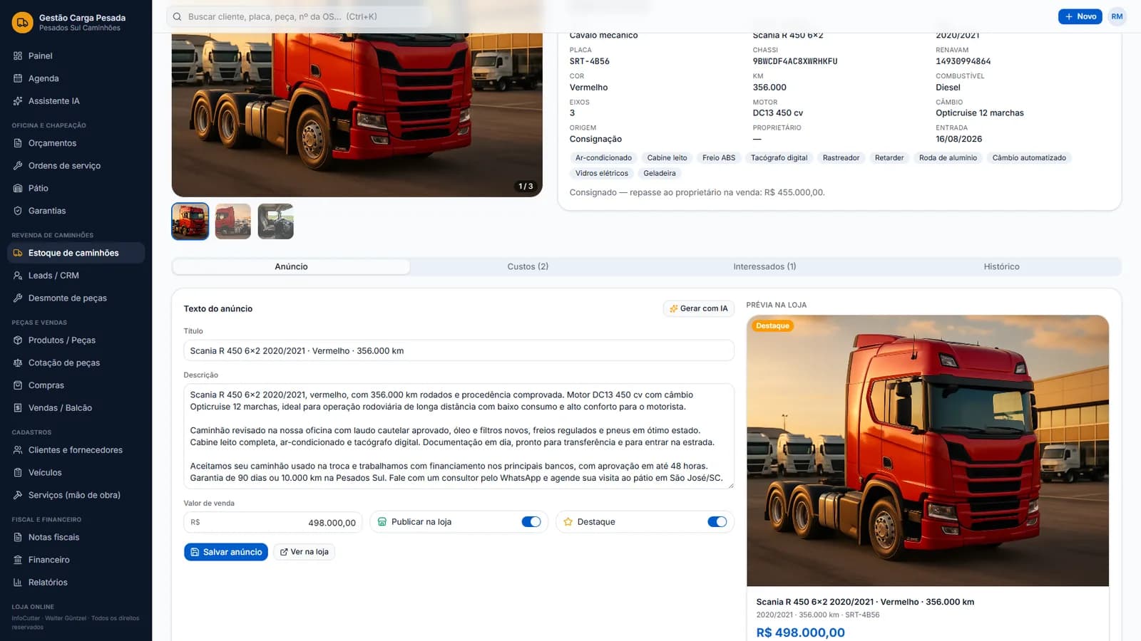 Ficha do caminhão com o texto do anúncio e a prévia na loja