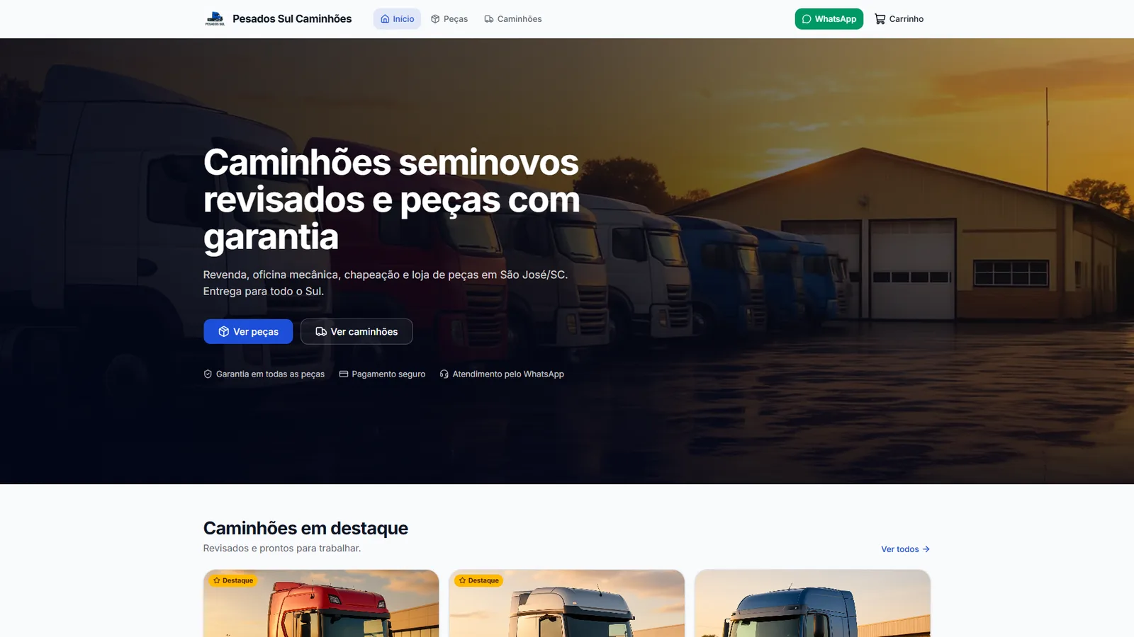 Loja online da revenda com caminhões e peças