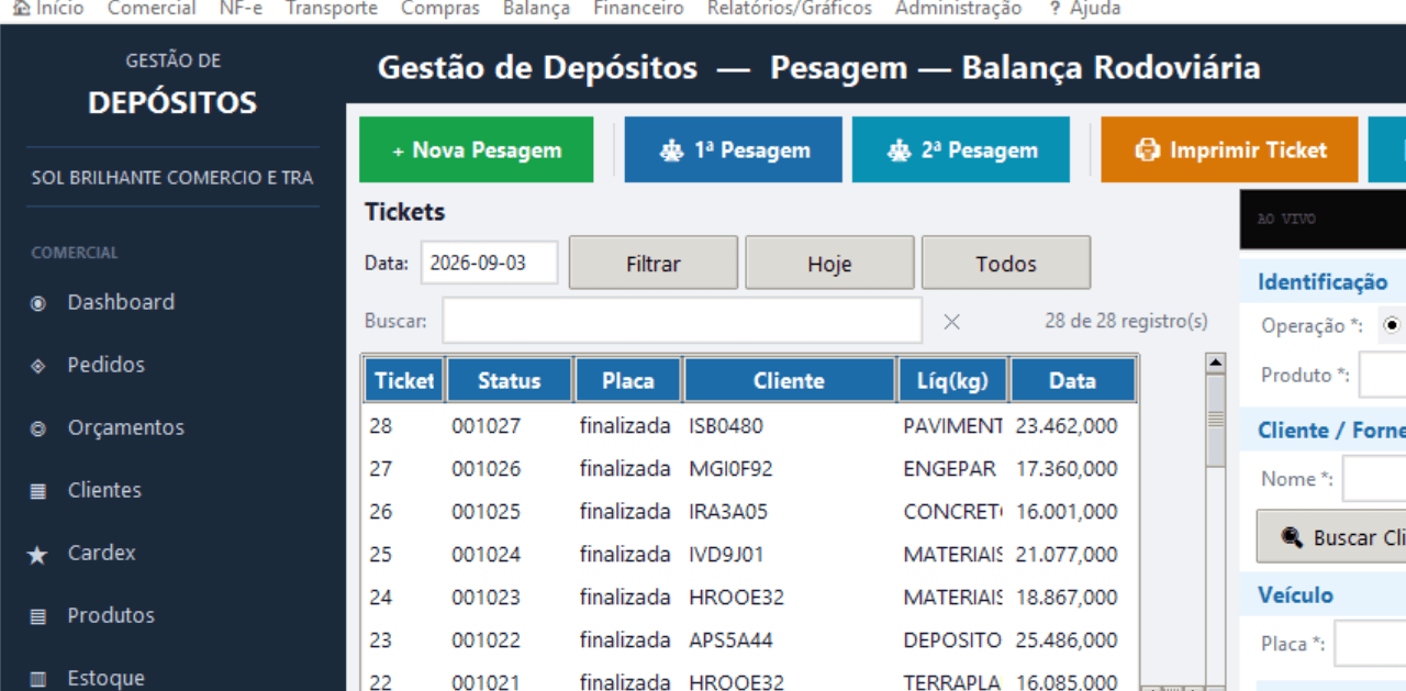 Tela de pesagem na balança rodoviária