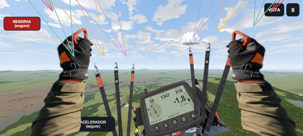Simulador Parapente Brasil: a vista do piloto em voo, com as mãos nos batoques e o variômetro no colo